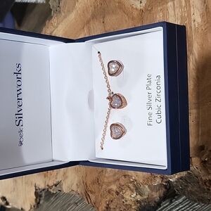 NWT Belk Fine Silver Plated rose gold CZ heart shape earrings and necklace set
